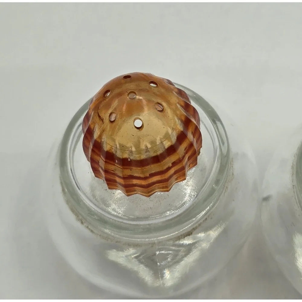Vintage 1950s Midcentury Table Salt & Pepper Shakers Clear Glass, Red Orange Top